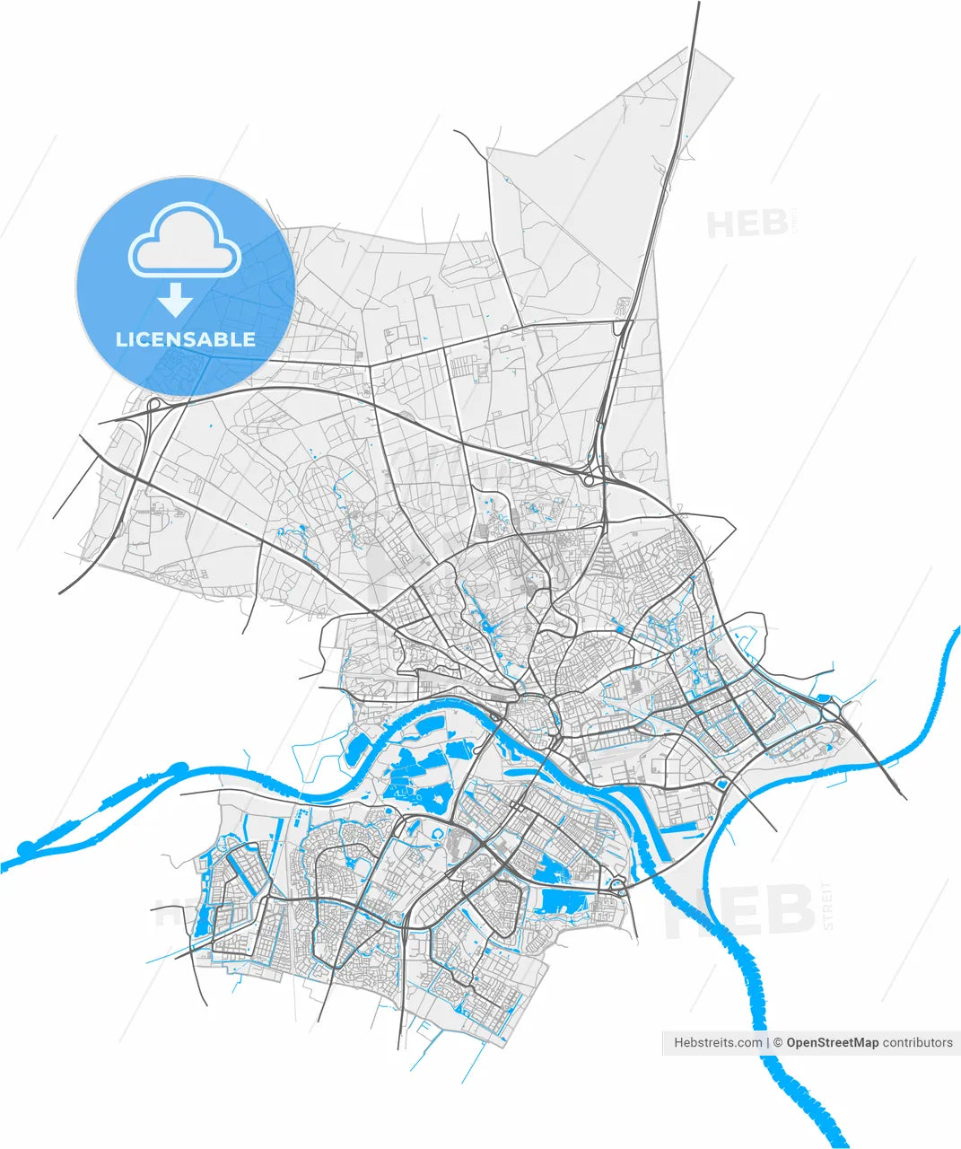 Arnhem, Gelderland, Netherlands, high resolution vector map - Instant download PDF and JPG
