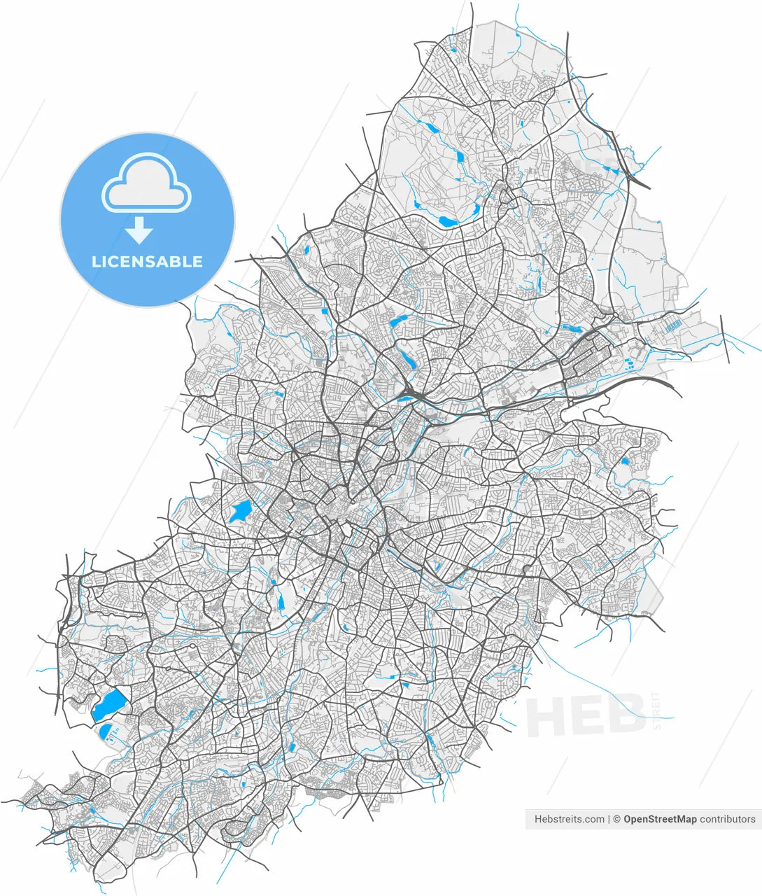 Birmingham, West Midlands, England, high resolution vector map - Instant download PDF and JPG