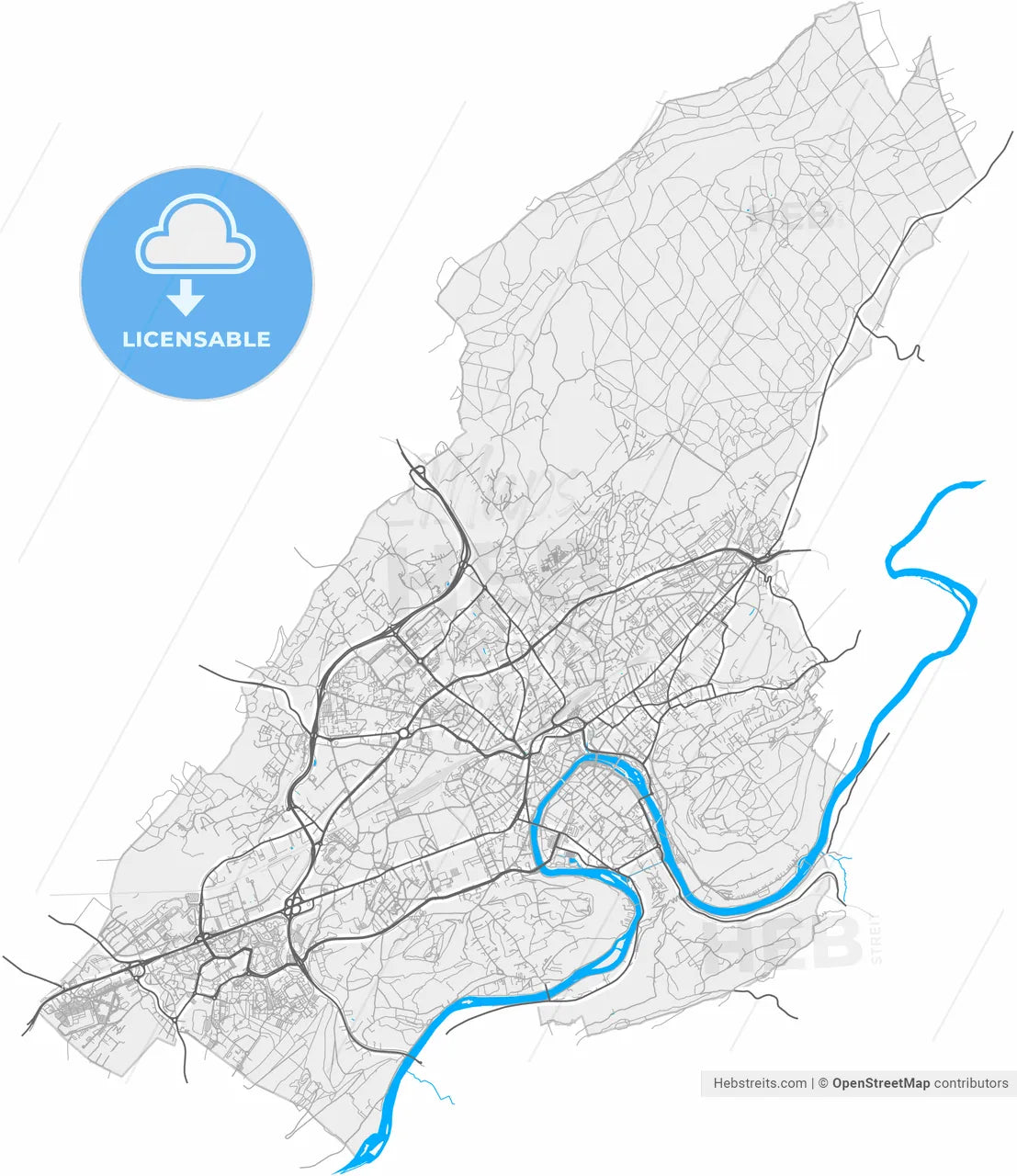 Besançon, Doubs, France, high resolution vector map - Instant download PDF and JPG