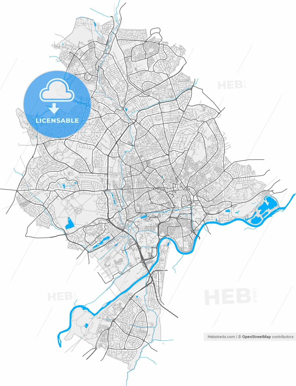 Nottingham, East Midlands, England, high resolution vector map - Instant download PDF and JPG