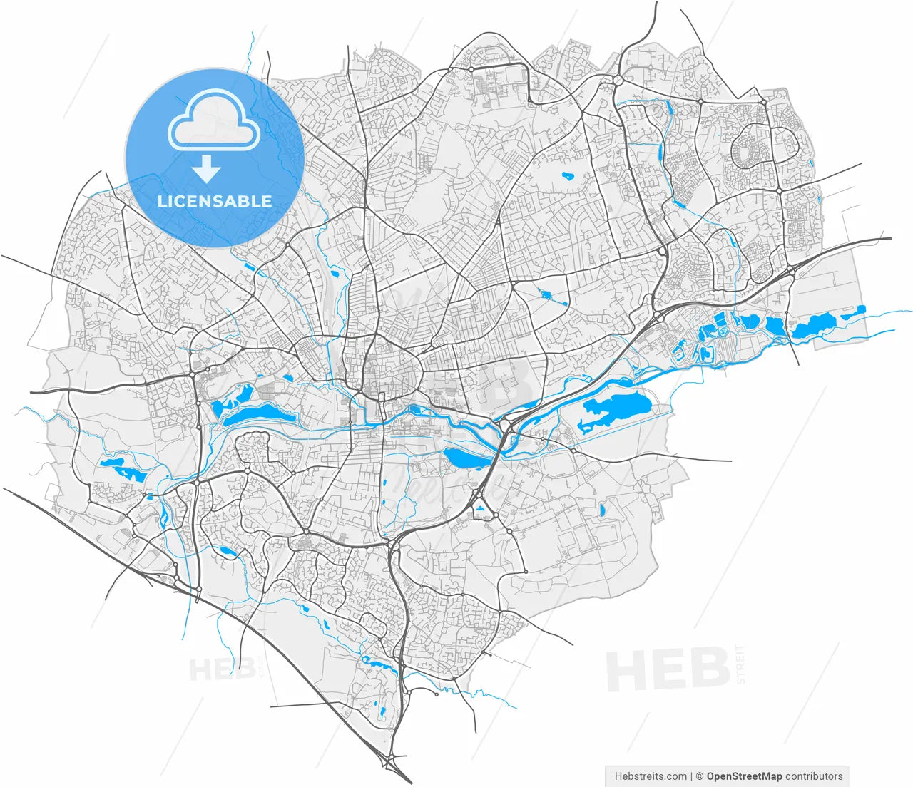Northampton, East Midlands, England, high resolution vector map - Instant download PDF and JPG