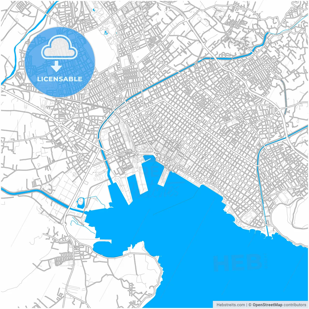 Volos, Thessaly, Greece, city map with high resolution roads.