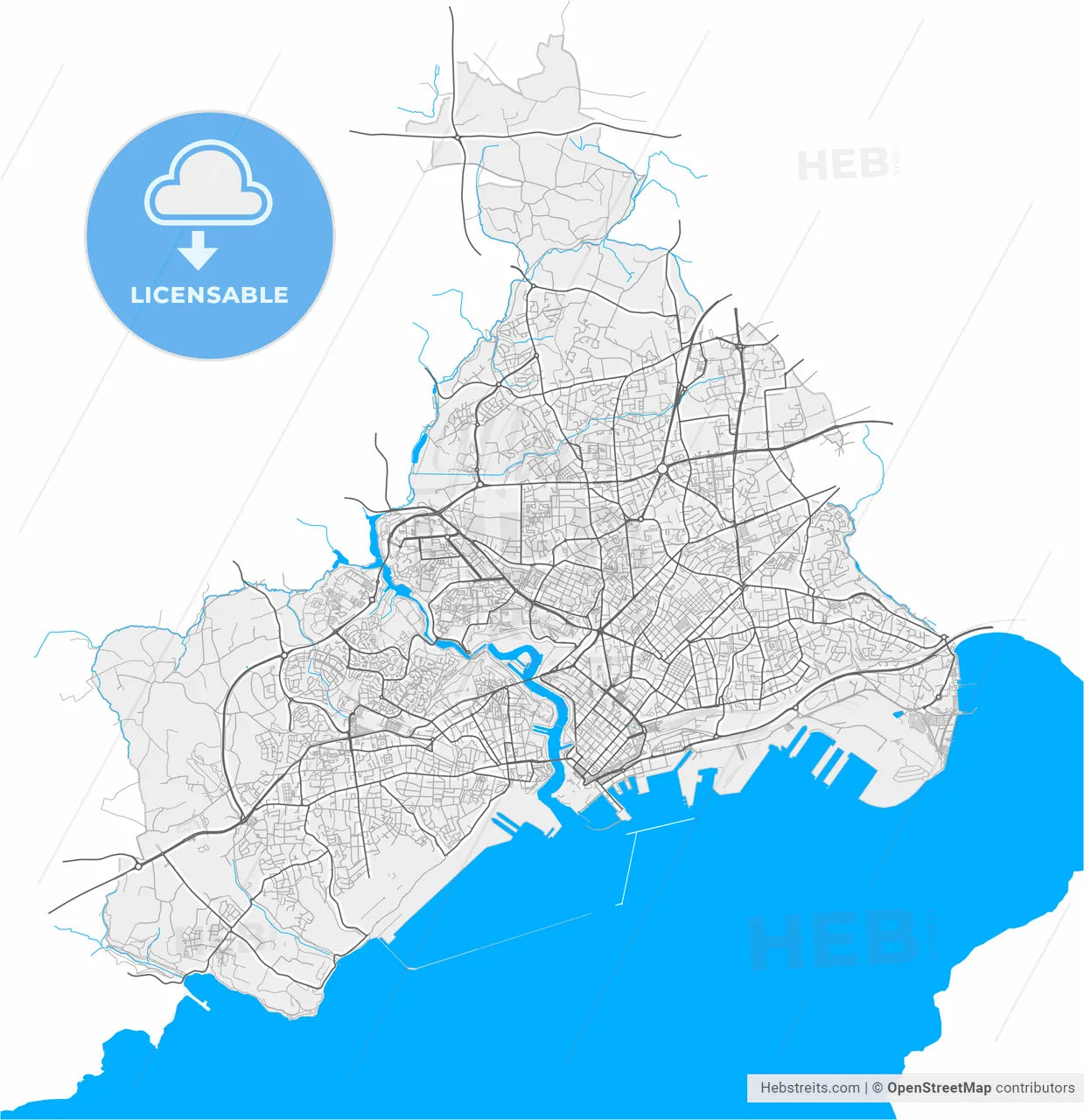 Brest, Finistère, France, high resolution vector map - Instant download PDF and JPG