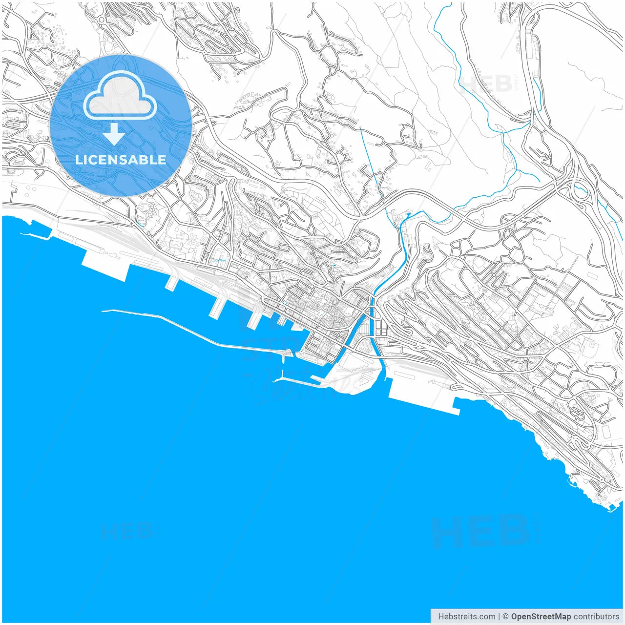 Rijeka, Croatia, city map with high resolution roads.