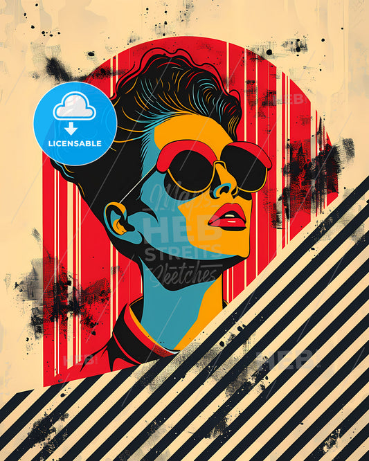 Pop Art Poster Depiction of a Vibrant 1980s Woman in Striped Sunglasses with an Op-Art Background