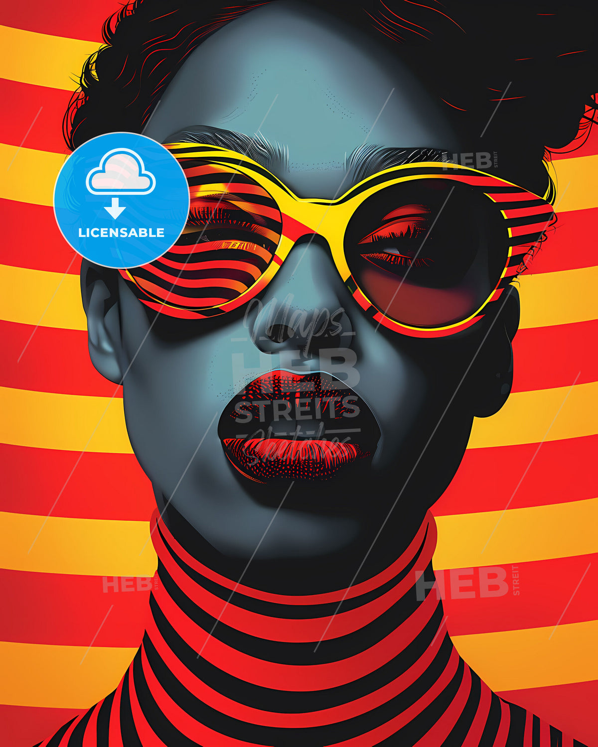 Op Art Retro Poster Vintage 80s Woman Sunglasses Stripy Yellow Red Shirt Art