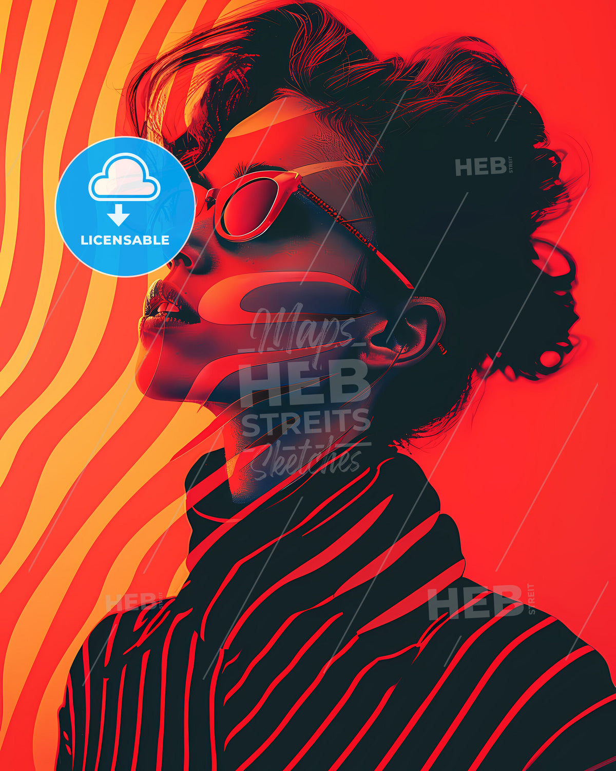 80s Op-Art Portrait: Vibrant Striped Woman with Sunglasses on Retro Painted Poster