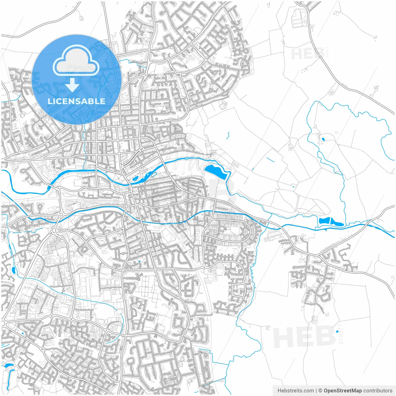 Royal Leamington Spa, West Midlands, England, city map with high resolution roads.