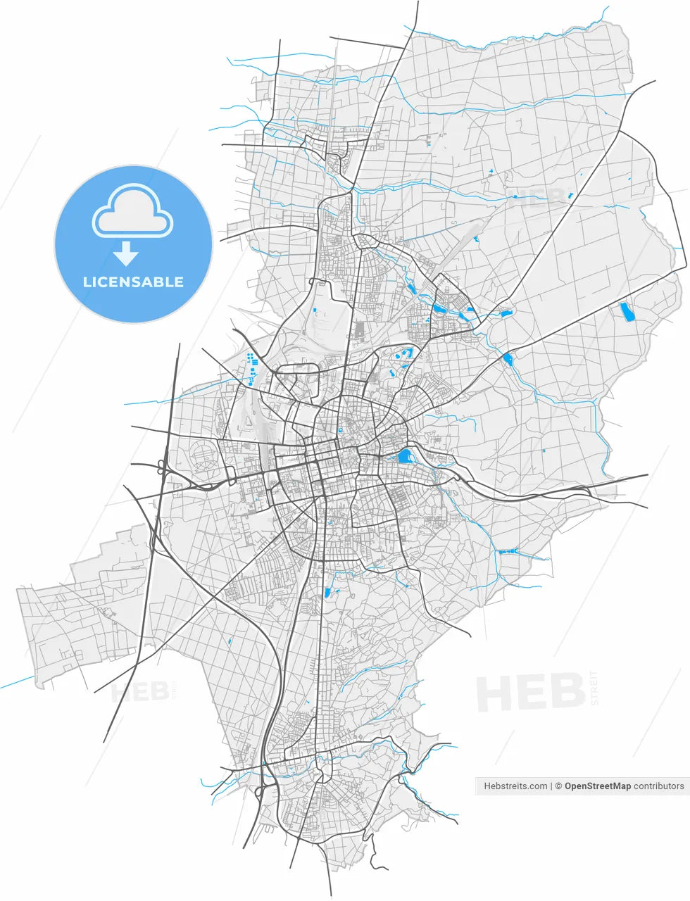 Darmstadt, Hesse, Germany, high resolution vector map - Instant download PDF and JPG