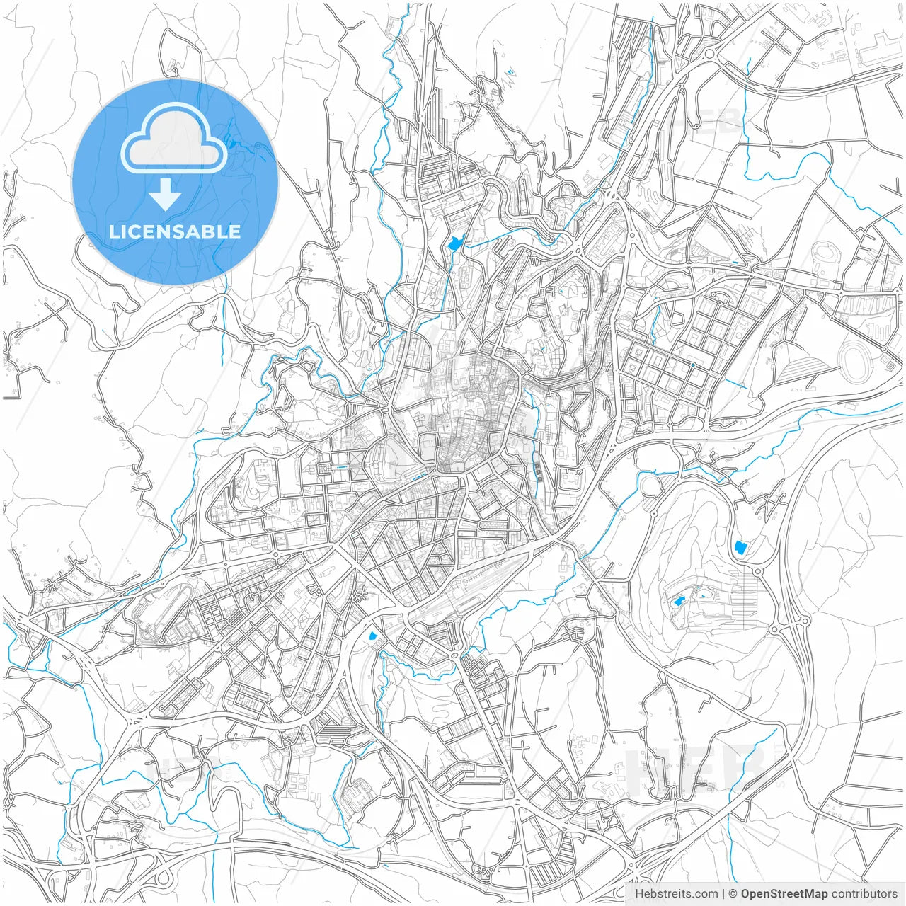 Santiago de Compostela, A Coruña, Spain, city map with high resolution roads.