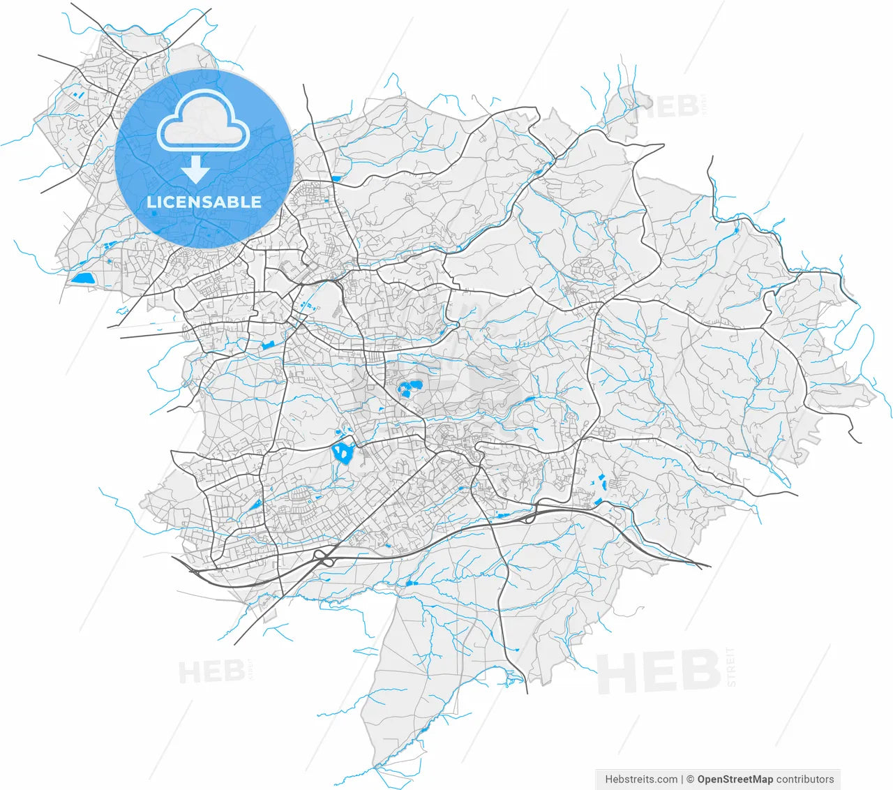 Bergisch Gladbach, North Rhine-Westphalia, Germany, high resolution vector map - Instant download PDF and JPG