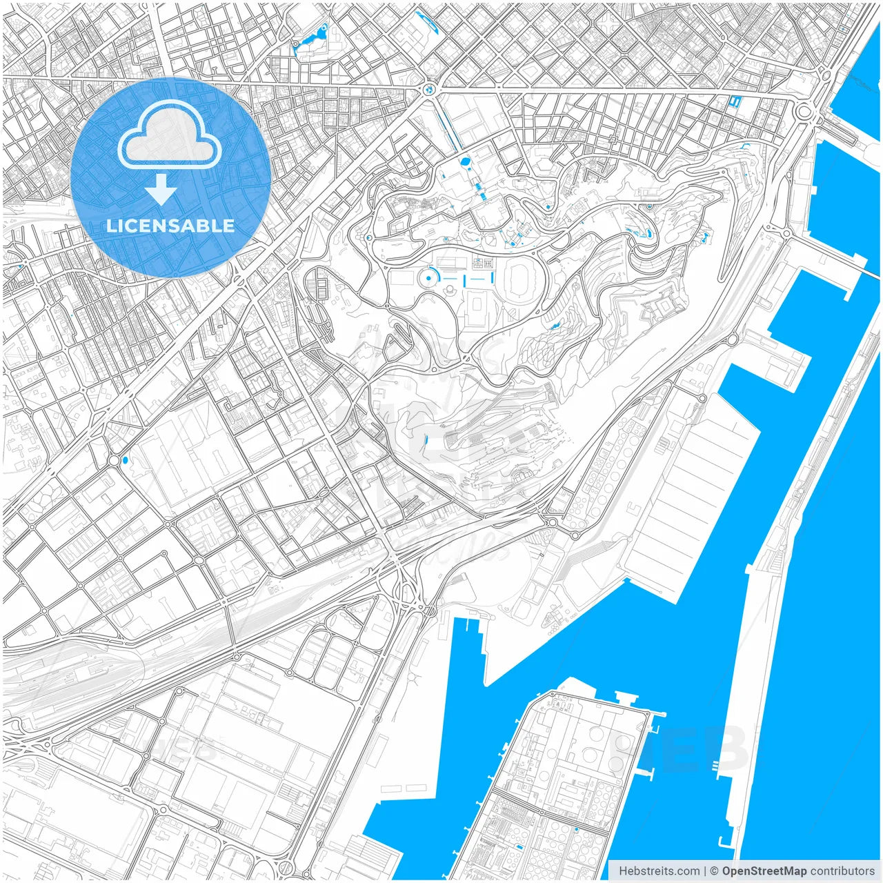 Sants-Montjuïc, Barcelona, Spain, city map with high resolution roads.