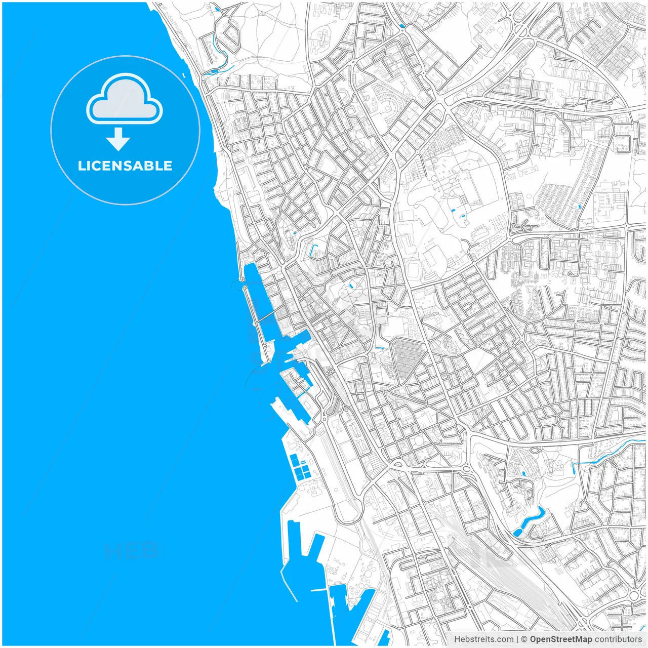 Helsingborg, Sweden, city map with high resolution roads.