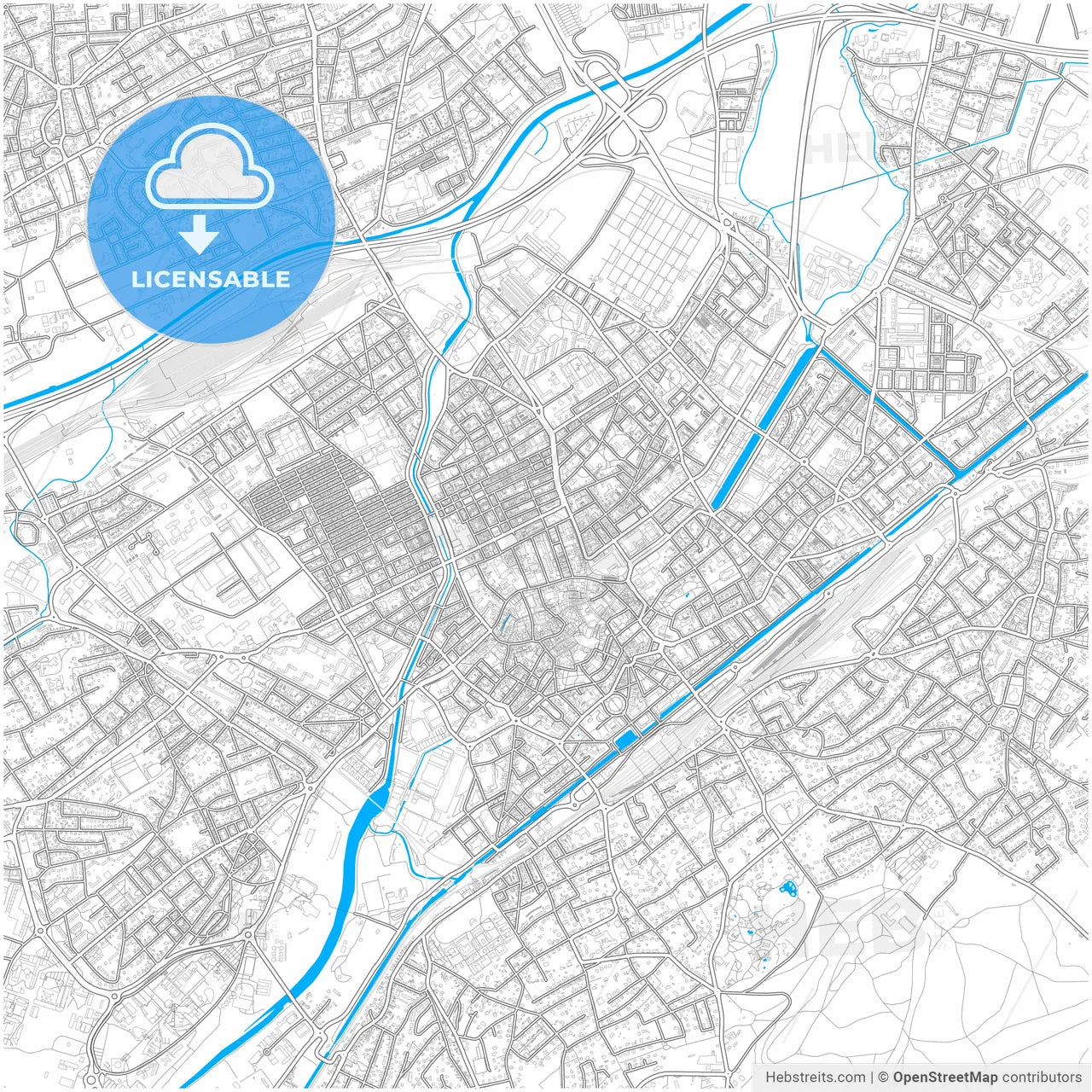 Mulhouse, Haut-Rhin, France, city map with high resolution roads.