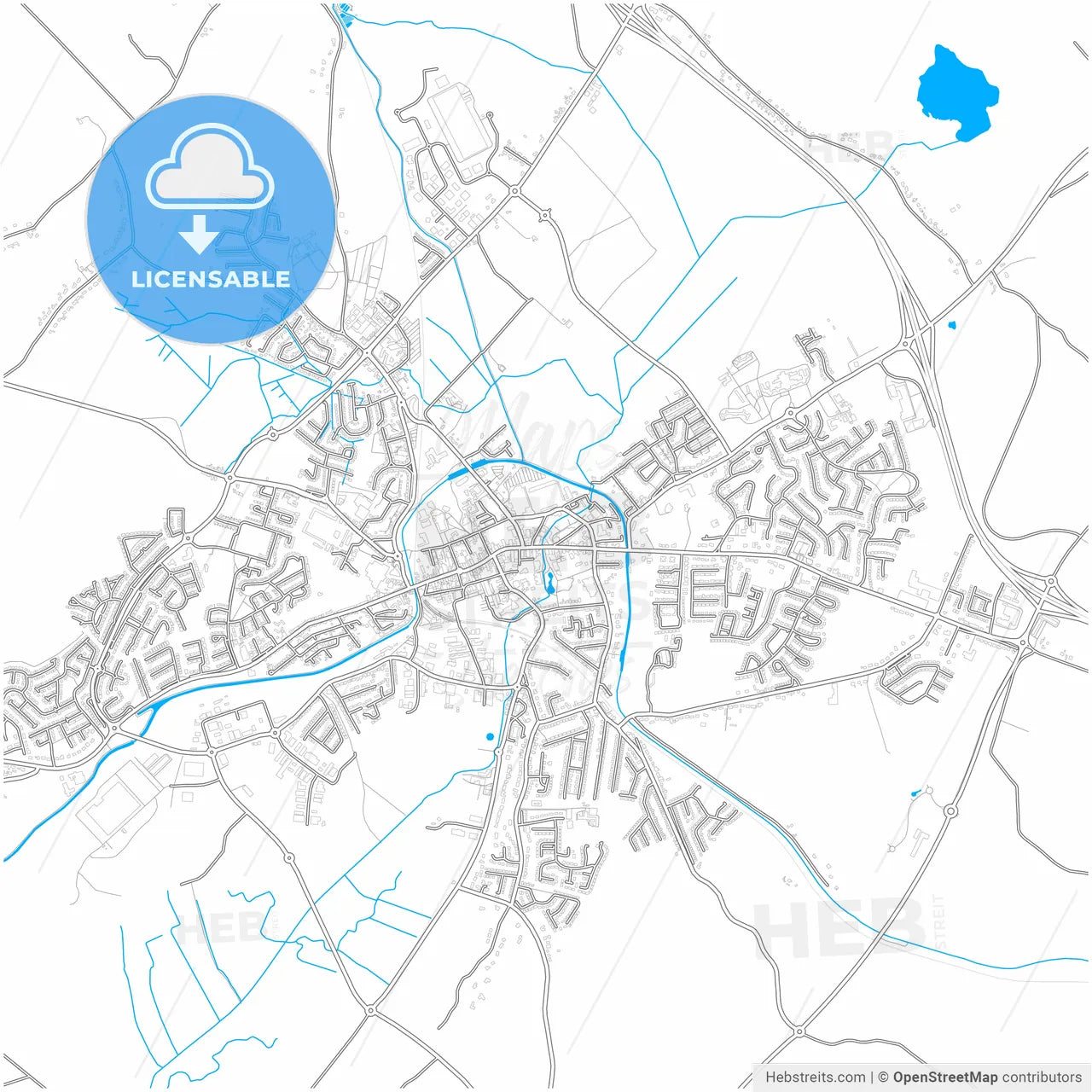 Mullingar, County Westmeath, Ireland, city map with high resolution roads.