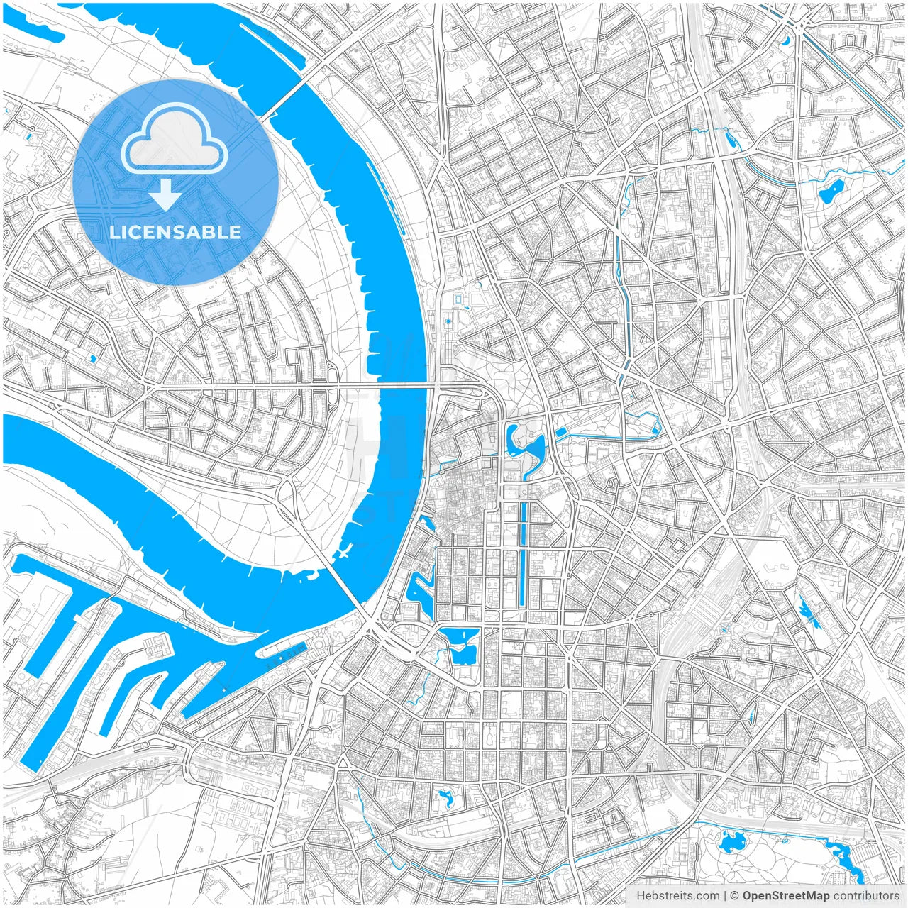 Düsseldorf, North Rhine-Westphalia, Germany, city map with high resolution roads.