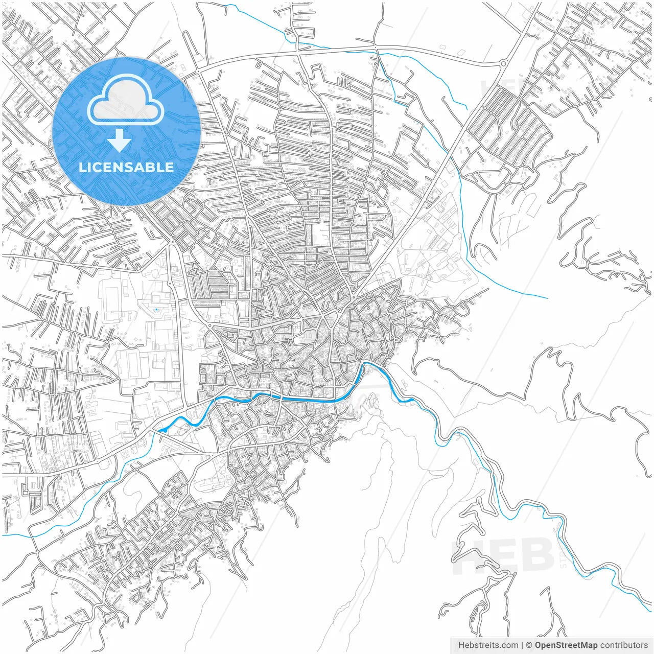 Prizreni / Prizren, District of Prizren, Kosovo, city map with high resolution roads.