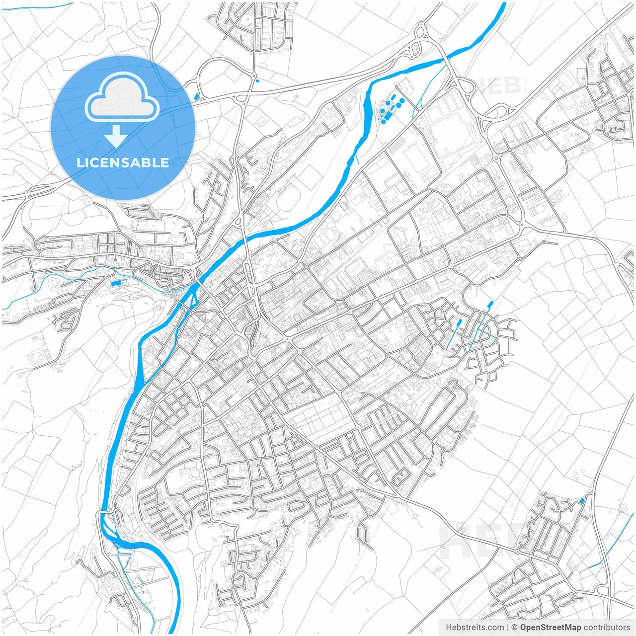 Bad Kreuznach, Rheinland-Pfalz, Germany, city map with high resolution roads.