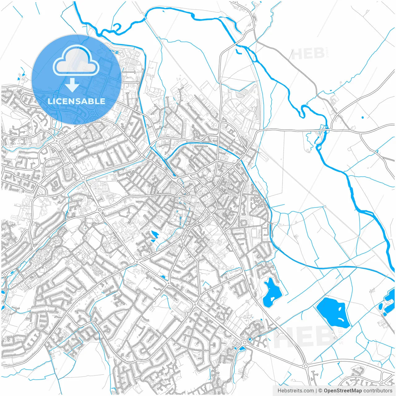 Loughborough, East Midlands, England, city map with high resolution roads.