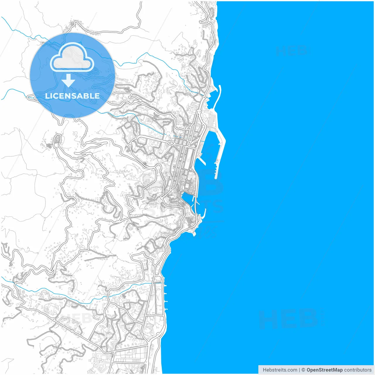 Bastia, Haute-Corse, France, city map with high resolution roads.