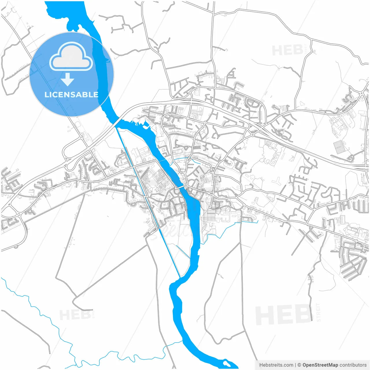 Athlone, County Westmeath & County Roscommon, Ireland, city map with high resolution roads.