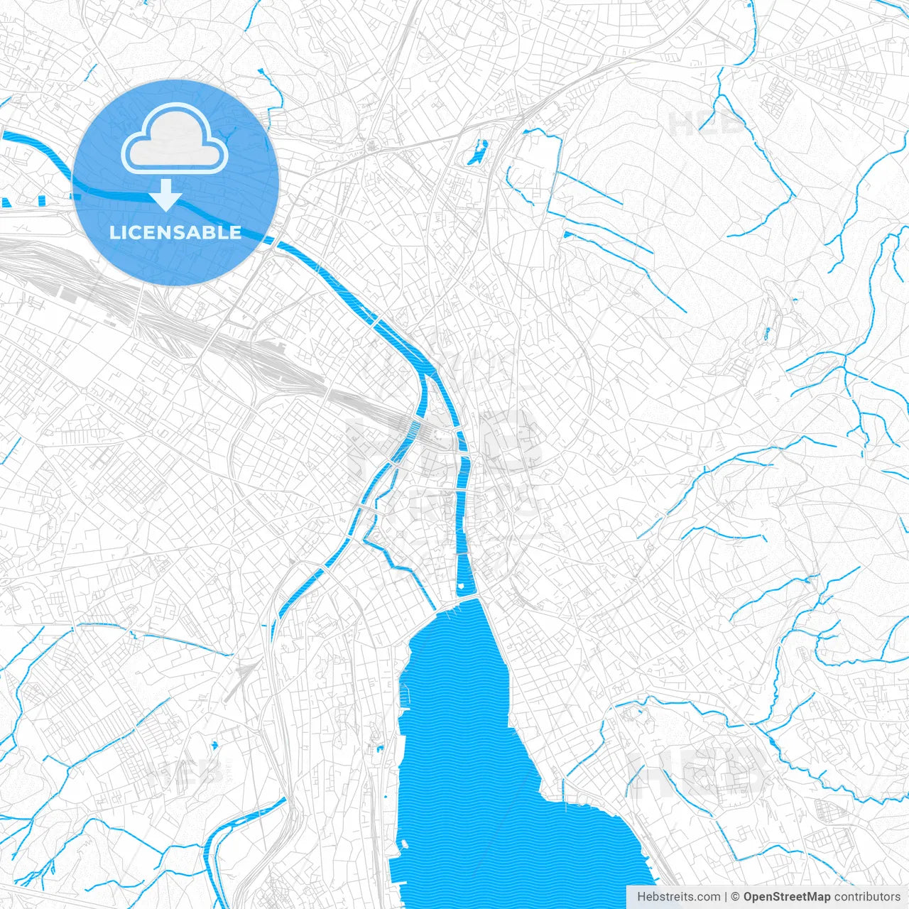 Zürich, Switzerland PDF vector map with water in focus
