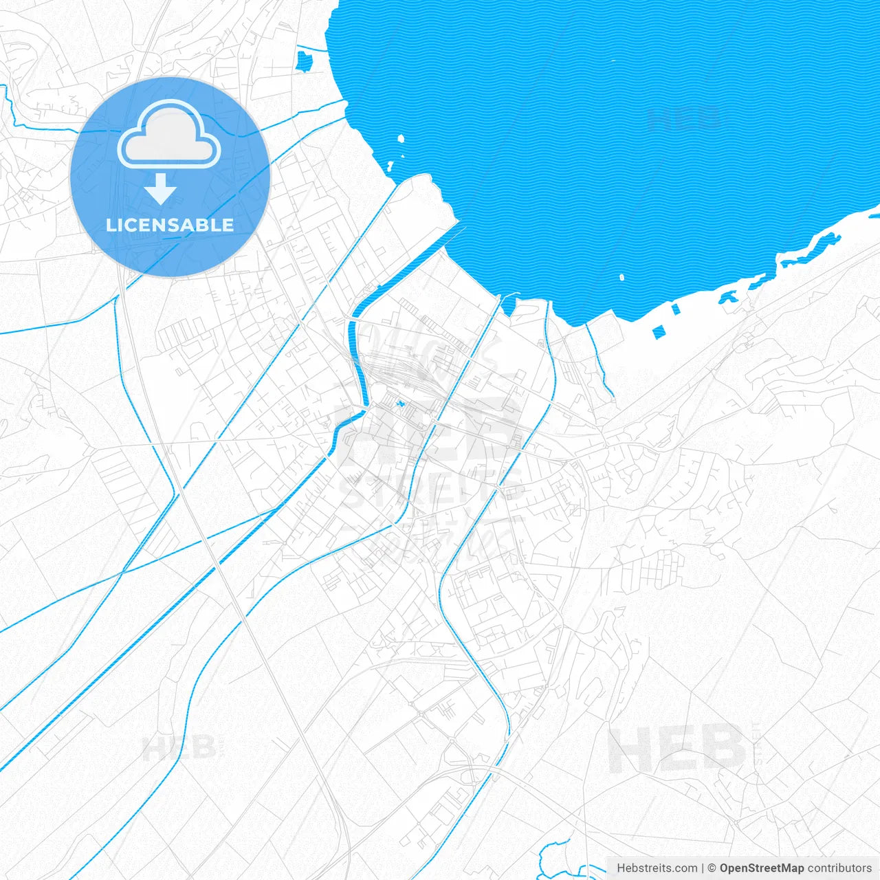 Yverdon-les-Bains, Switzerland PDF vector map with water in focus