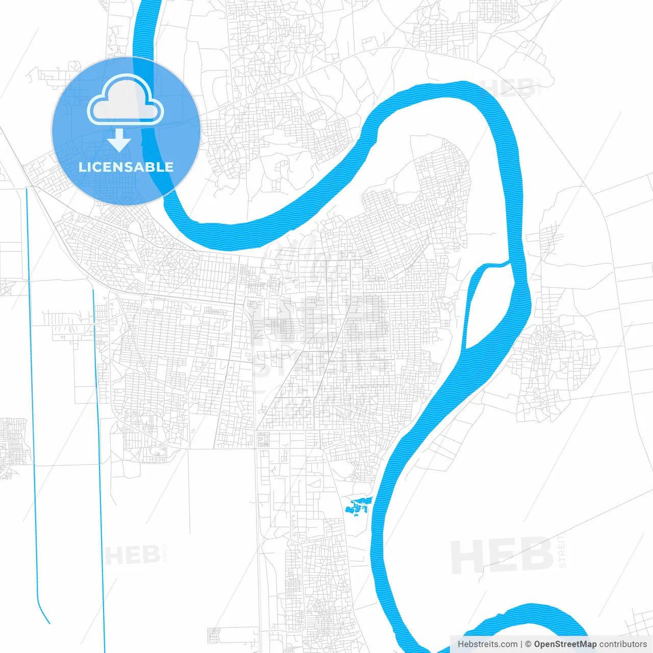Wad Medani, Sudan PDF vector map with water in focus