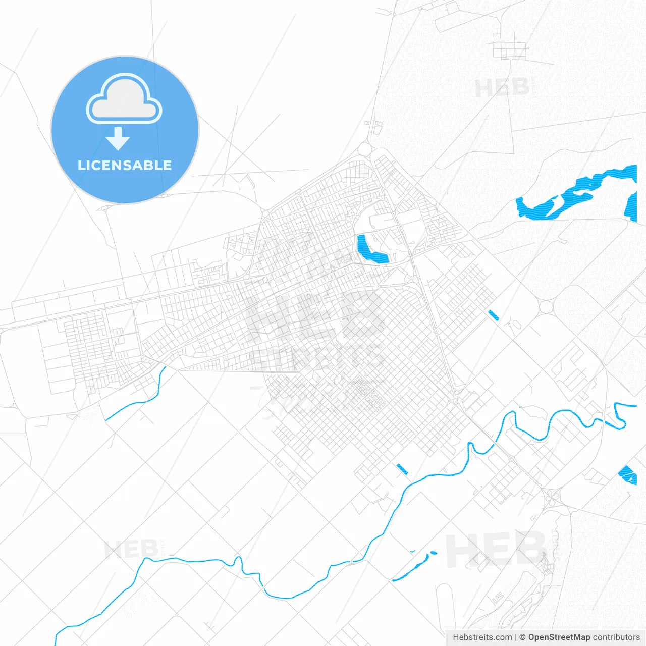 Trelew, Argentina PDF vector map with water in focus