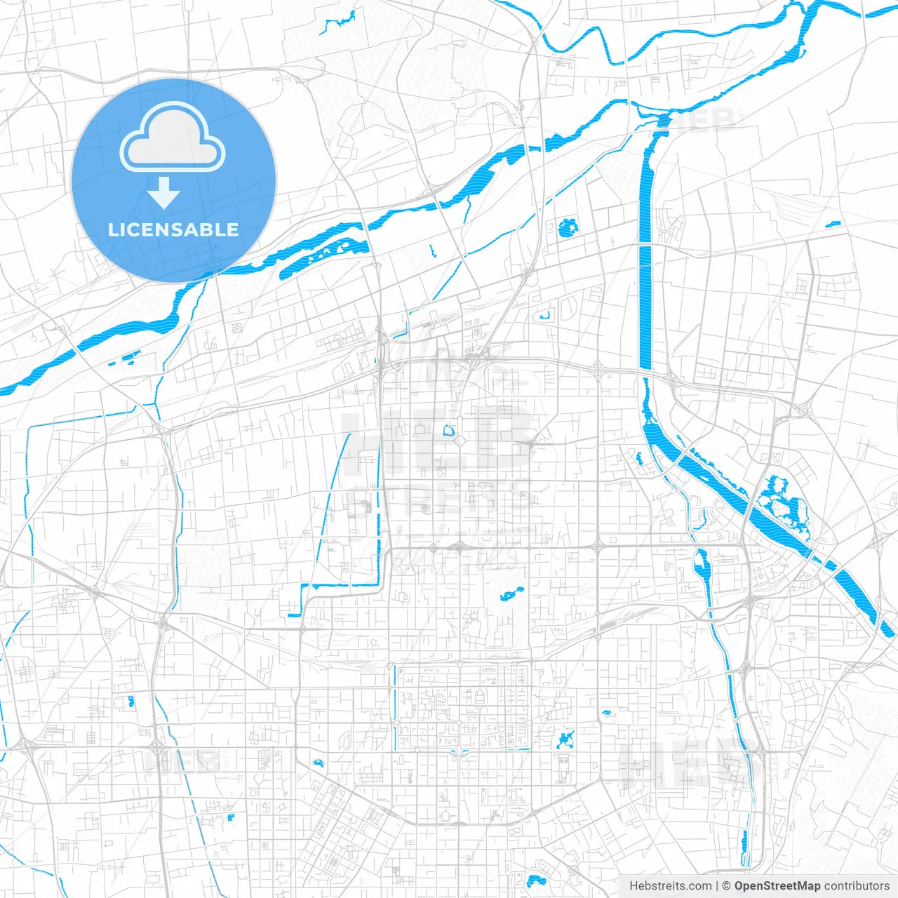 Xi an, China PDF vector map with water in focus