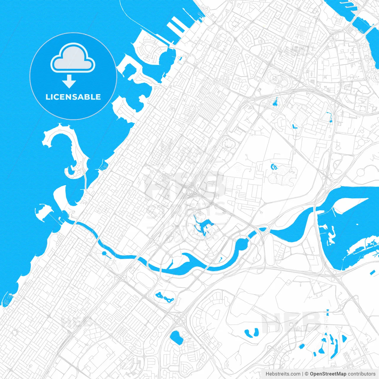 Dubai , United Arab Emirates PDF vector map with water in focus