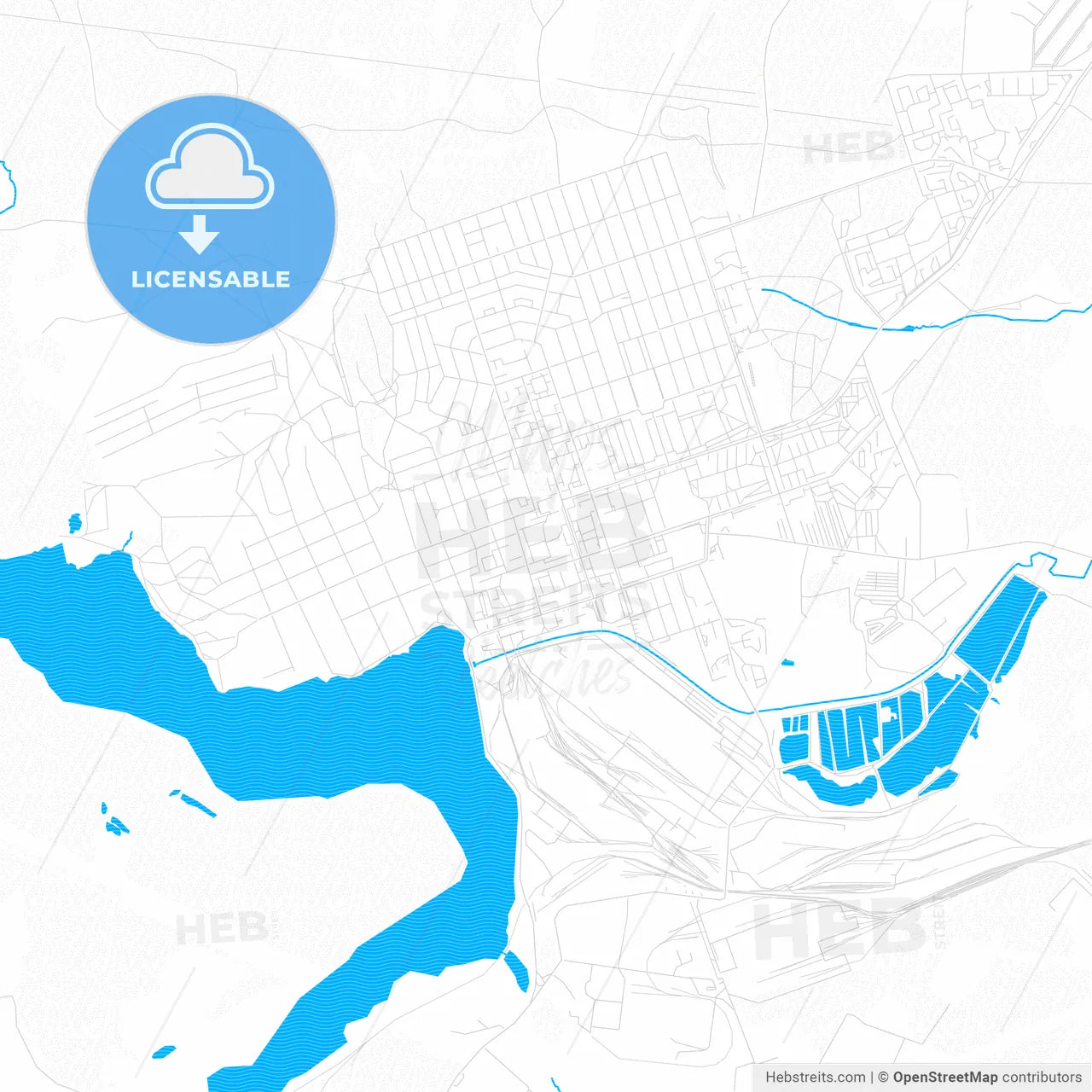 Polevskoy, Russia PDF vector map with water in focus