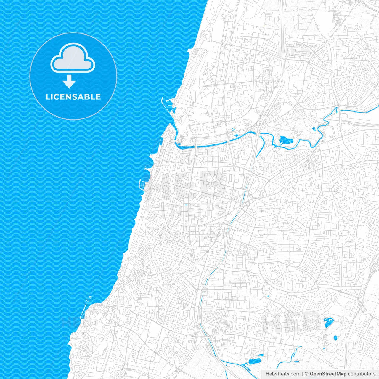 Tel Aviv-Yafo, Israel PDF vector map with water in focus