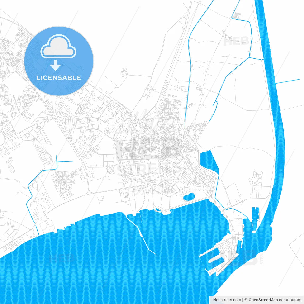Suez, Egypt PDF vector map with water in focus
