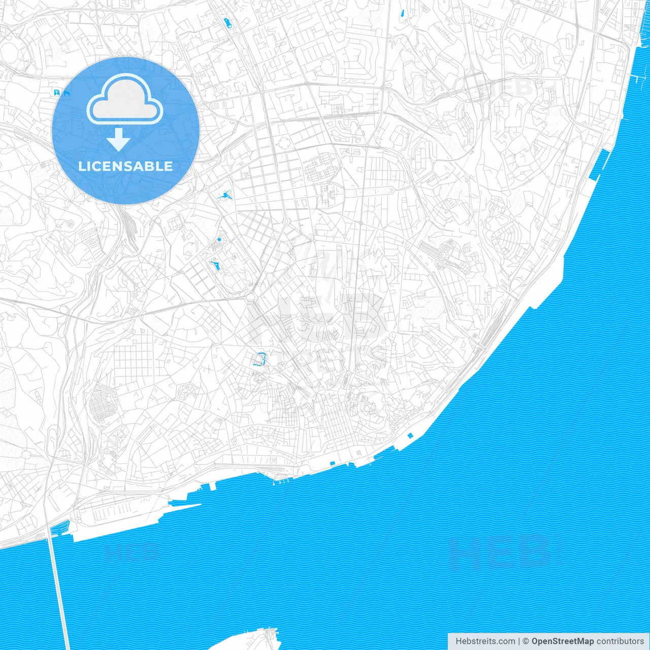 Lisbon, Portugal PDF vector map with water in focus