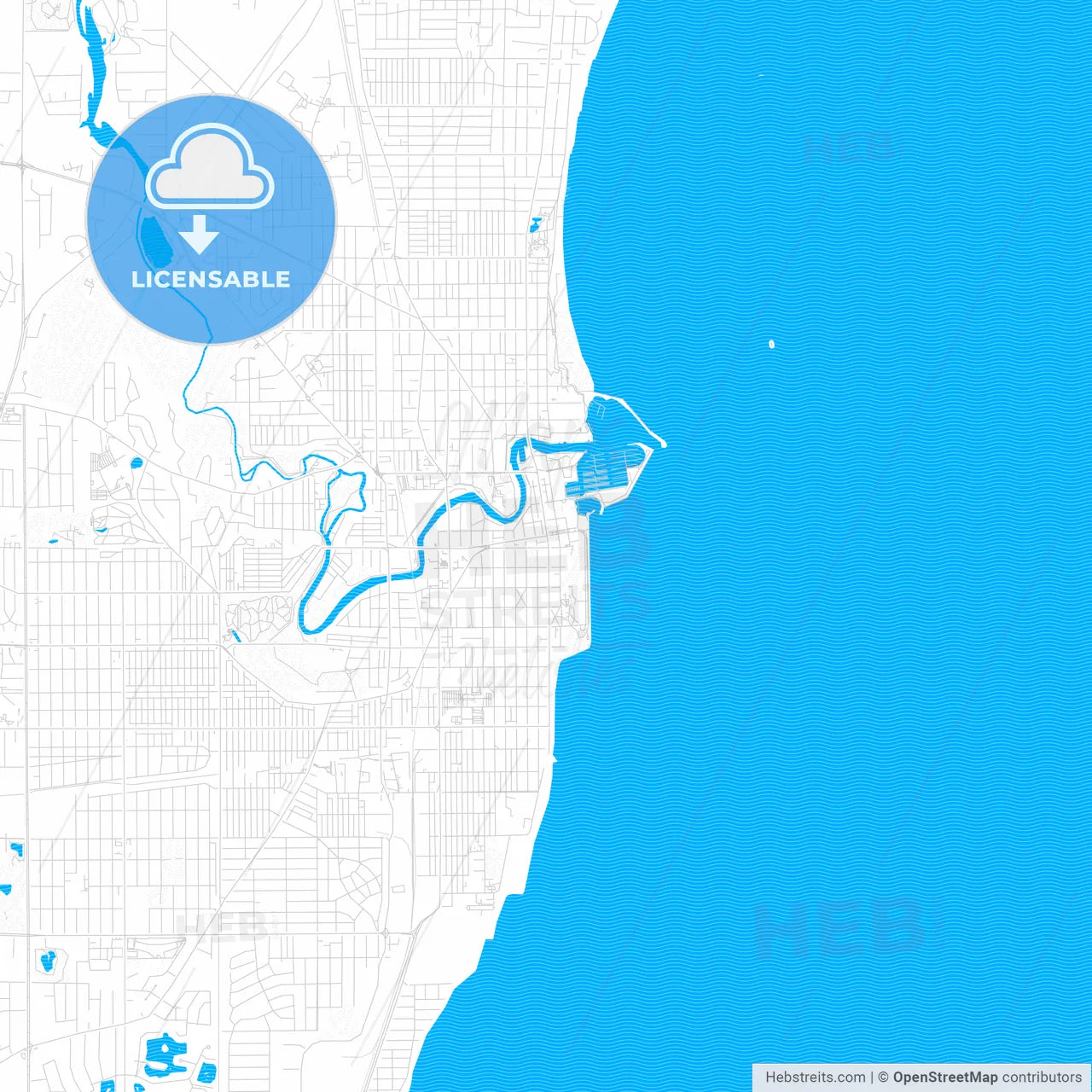 Racine, Wisconsin, United States, PDF vector map with water in focus