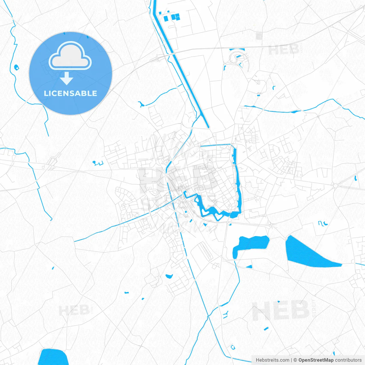 Ypres, Belgium PDF vector map with water in focus
