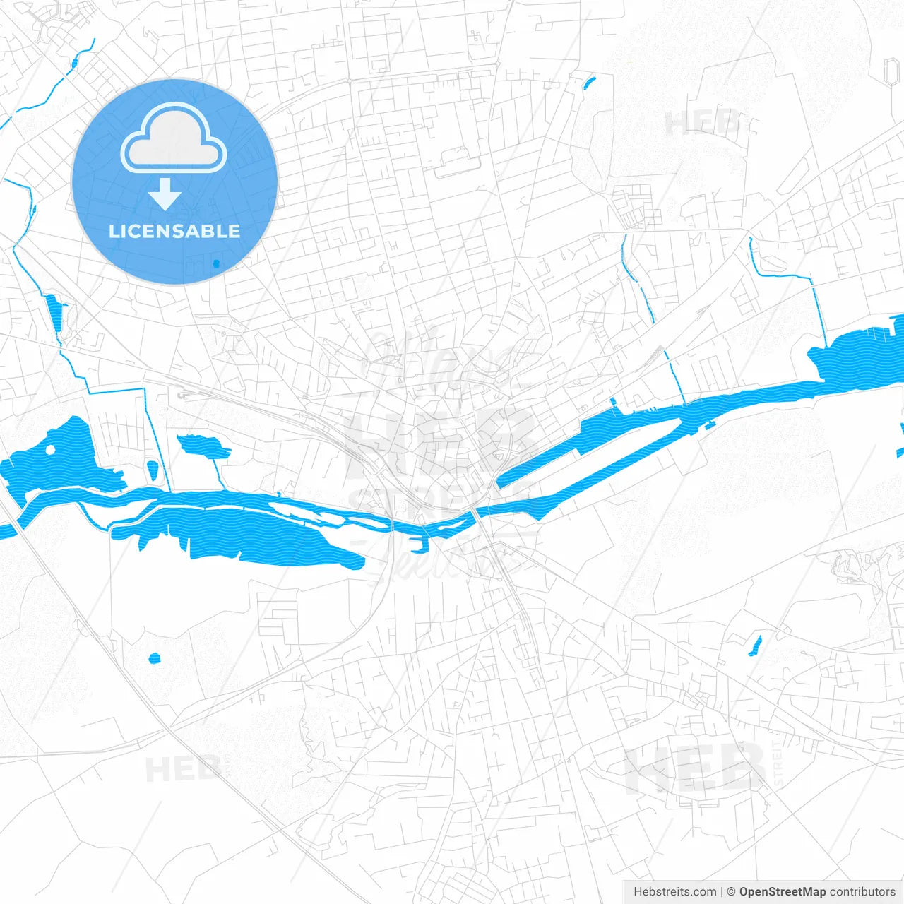 Randers, Denmark PDF vector map with water in focus