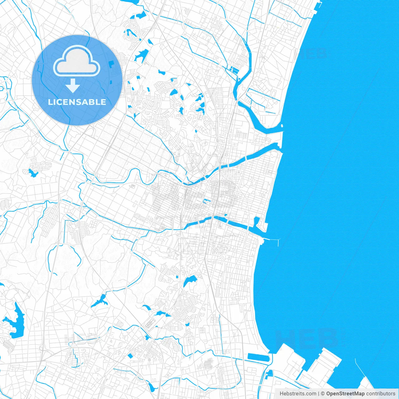 Tsu, Japan PDF vector map with water in focus