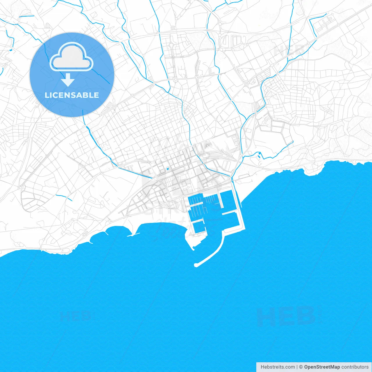 Vilanova i la Geltrú, Spain PDF vector map with water in focus