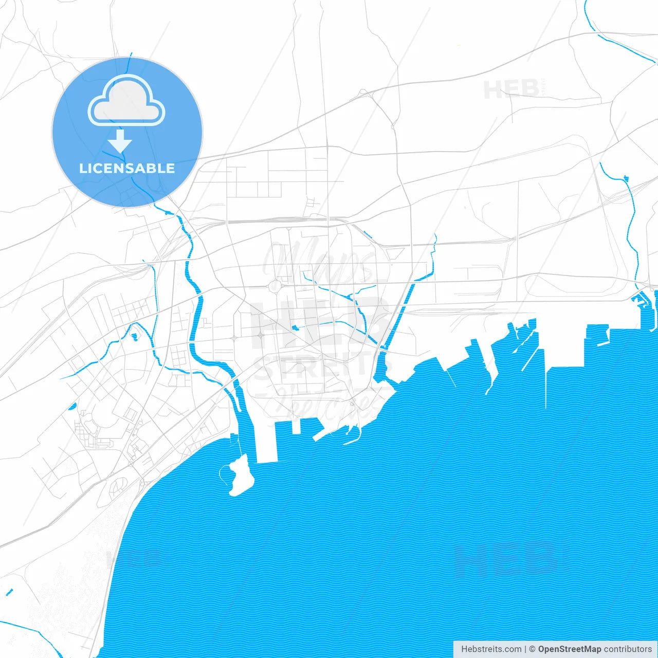 Qinhuangdao, China PDF vector map with water in focus