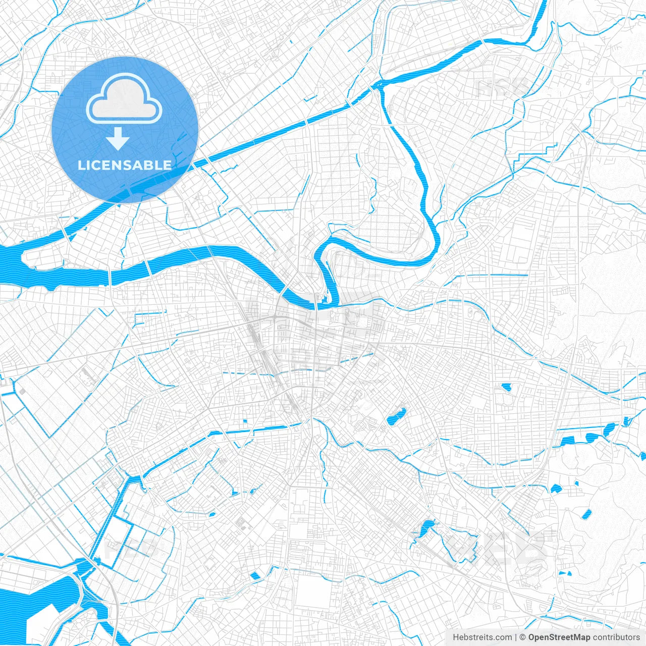 Toyohashi, Japan PDF vector map with water in focus