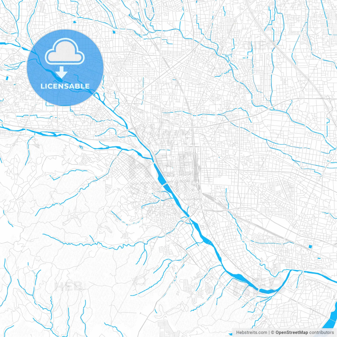 Takasaki, Japan PDF vector map with water in focus