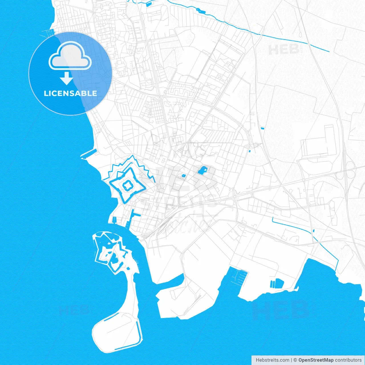 Landskrona, Sweden PDF vector map with water in focus