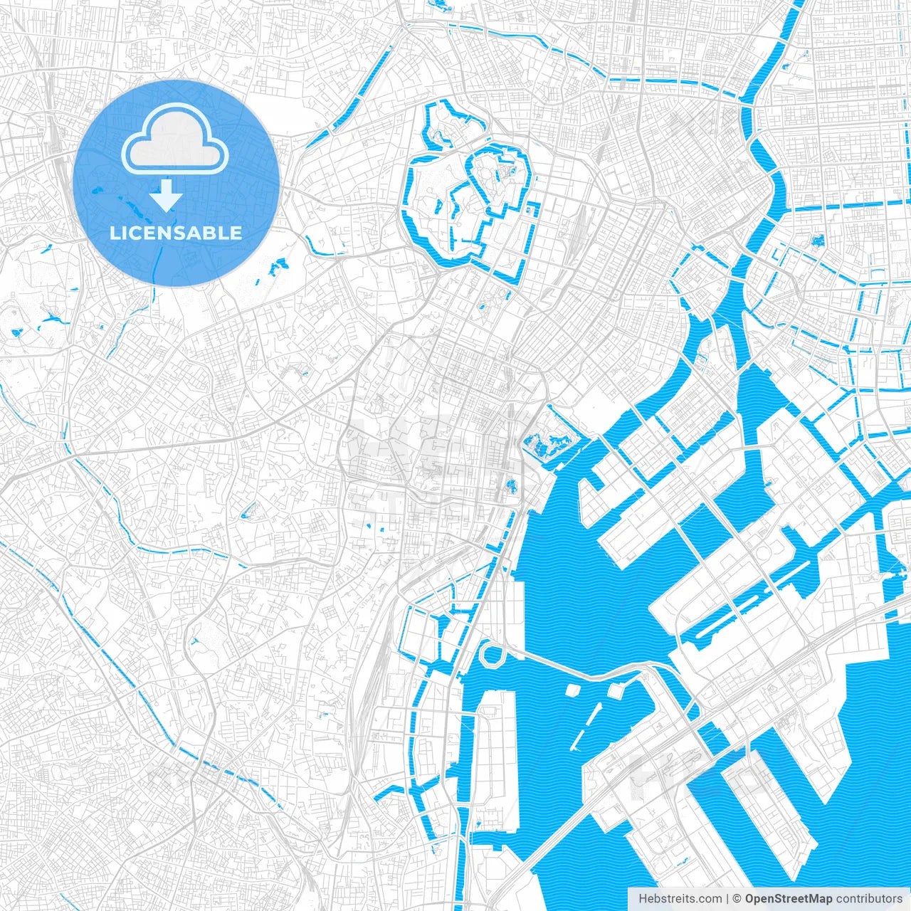 Minato, Japan PDF vector map with water in focus