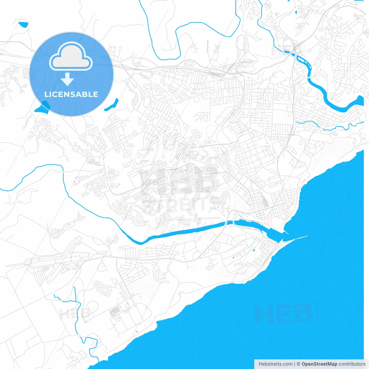 East London, South Africa PDF vector map with water in focus