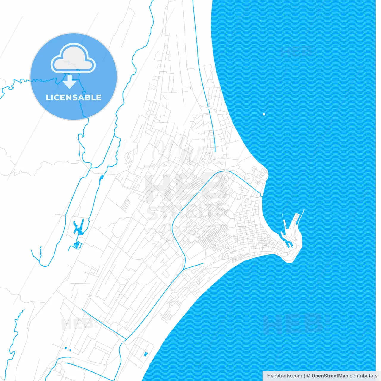 Toamasina, Madagascar PDF vector map with water in focus