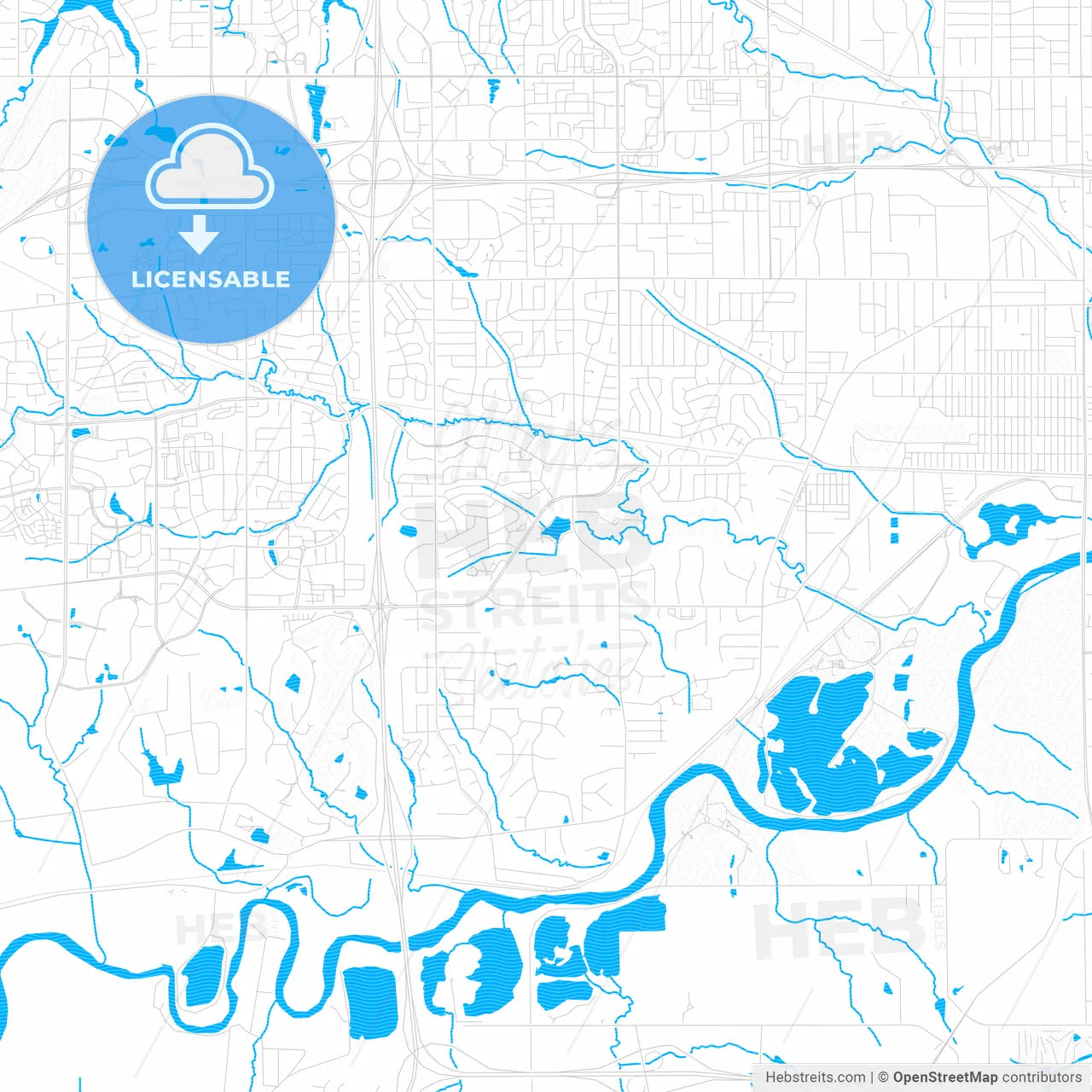 West Des Moines, Iowa, United States, PDF vector map with water in focus