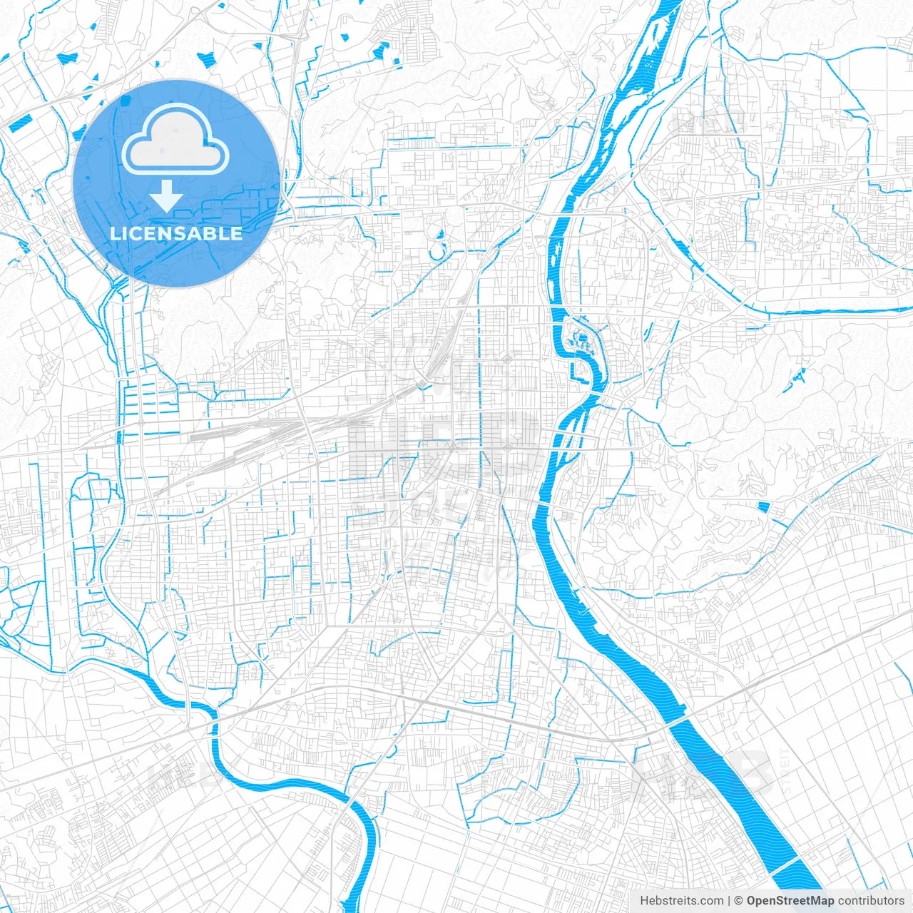 Okayama, Japan PDF vector map with water in focus