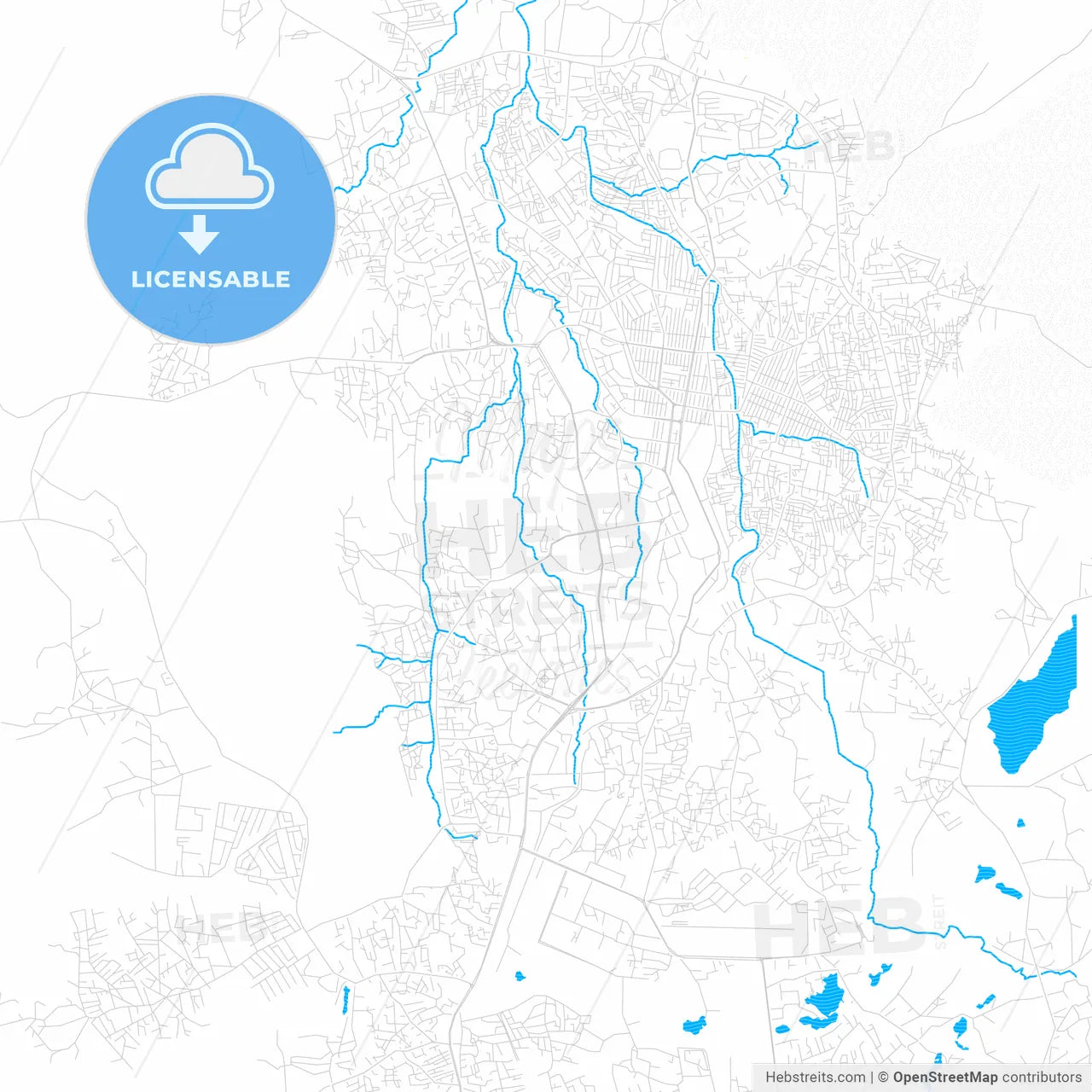 Jos, Nigeria PDF vector map with water in focus